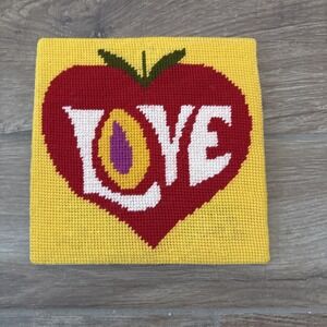 Vintage Love Heart Apple 1970s Needlepoint Canvas yellow Wall Hanging